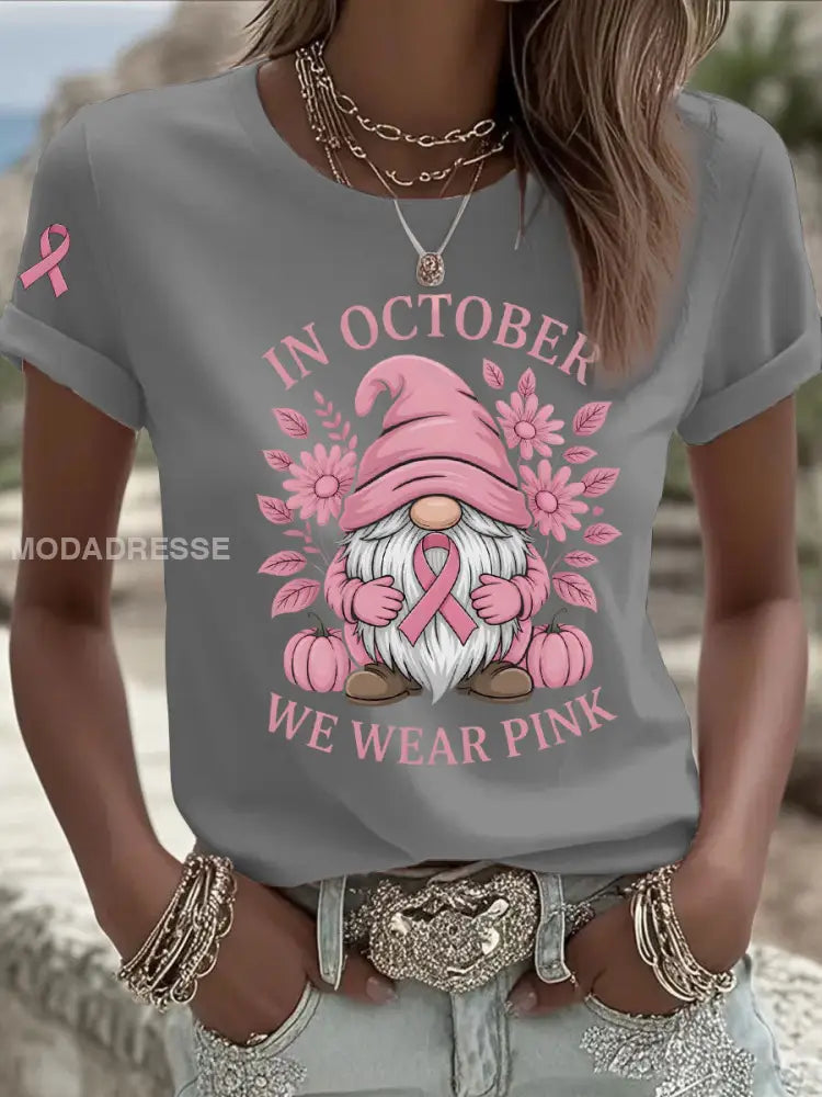Kvinnors bröstcancer medvetenhet I oktober vi bär rosa tryck Casual T-shirt grå / S