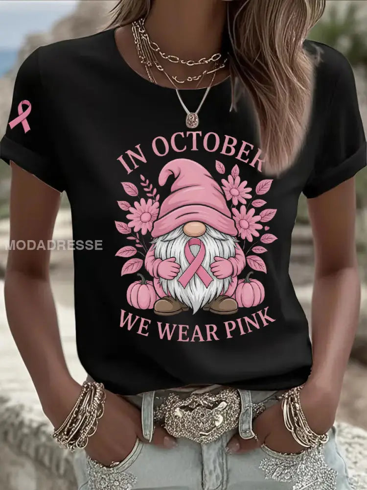 Kvinnors bröstcancer medvetenhet I oktober vi bär rosa tryck Casual T-shirt svart / S