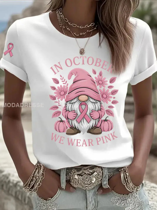 Kvinnors bröstcancer medvetenhet I oktober vi bär rosa tryck Casual T-shirt vit / S