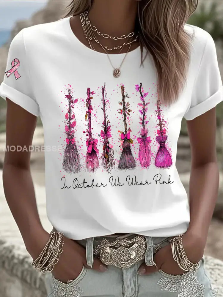 Kvinnors bröstcancer medvetenhet I oktober vi bär rosa tryck Casual T-shirt vit / S