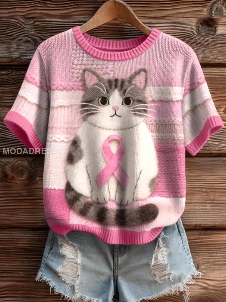 Kvinnors bröstcancer medvetenhet Inspirerad katt filt konst Knit Topp som bild / S