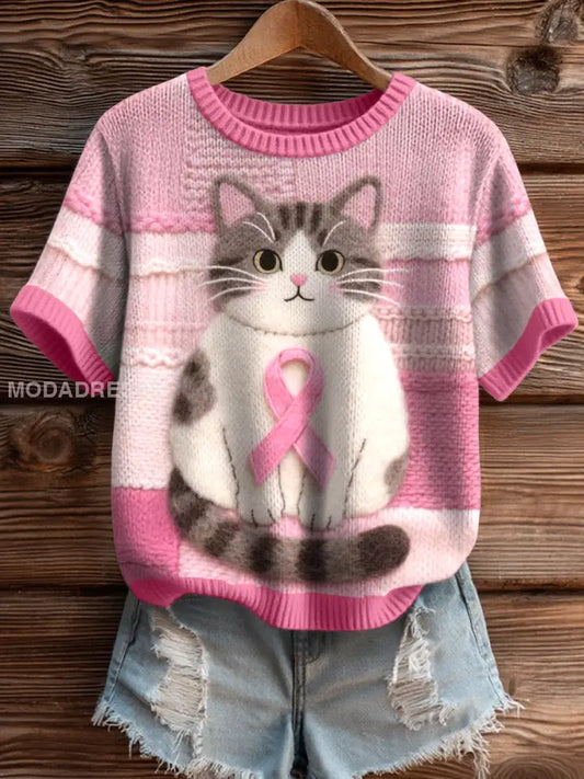 Kvinnors bröstcancer medvetenhet Inspirerad katt filt konst Knit Topp som bild / S