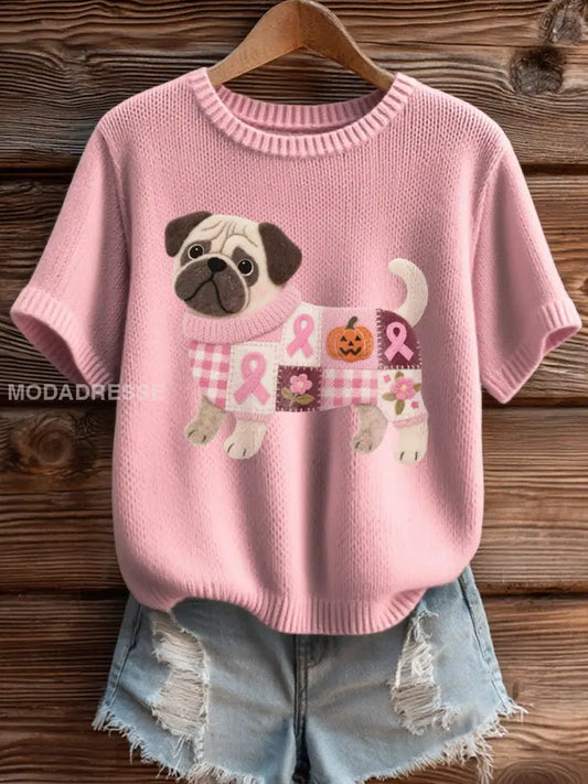 Kvinnors bröstcancer medvetenhet Inspirerad Pug Mönster Filt konst Mysig Knit Topp runk / S