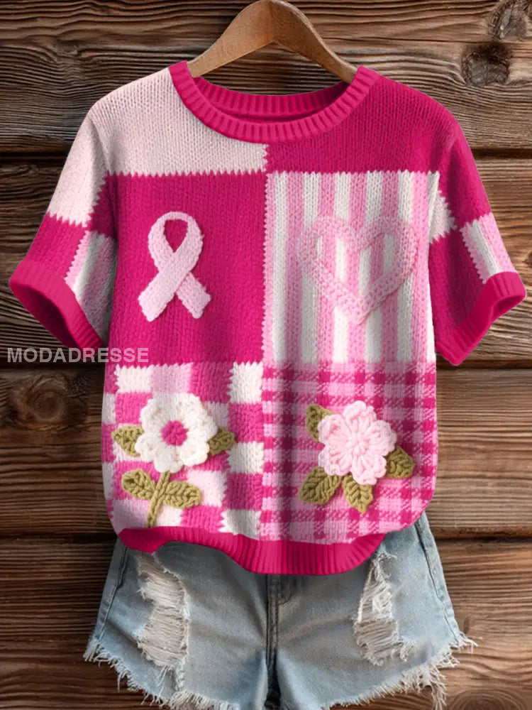 Kvinnors bröstcancer medvetenhet Inspirerade Floral Virka konst Topp som bild / S