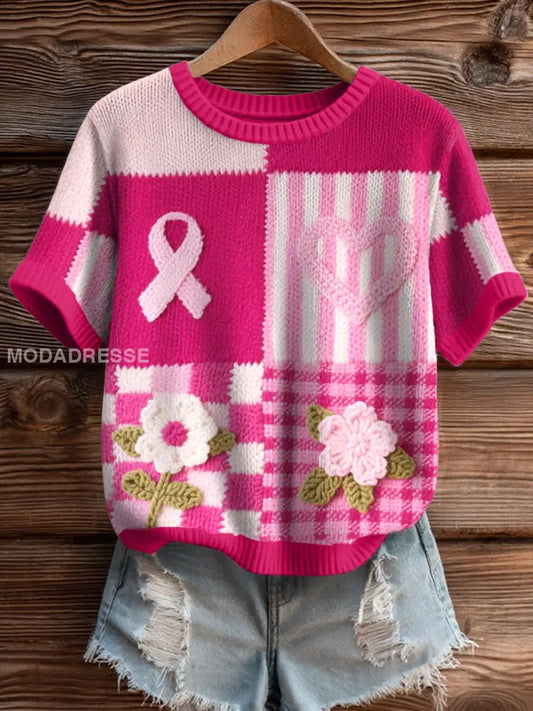 Kvinnors bröstcancer medvetenhet Inspirerade Floral Virka konst Topp som bild / S