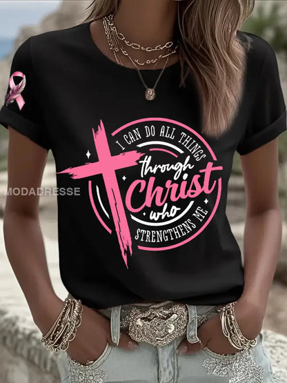 Kvinnors bröstcancer medvetenhet jag kan göra allt genom Kristus Pink Ribbon T shirt svart / S