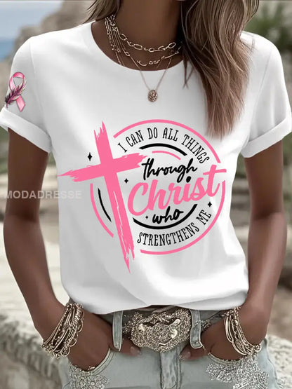 Kvinnors bröstcancer medvetenhet jag kan göra allt genom Kristus Pink Ribbon T shirt vitt / S