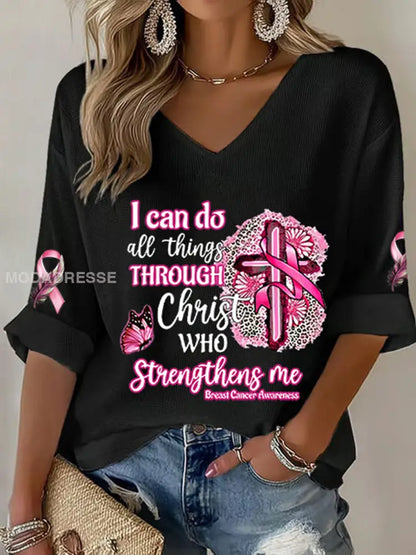 Kvinnors bröstcancer medvetenhet jag kan göra allt genom Kristus Pink Ribbon Waffle T shirt