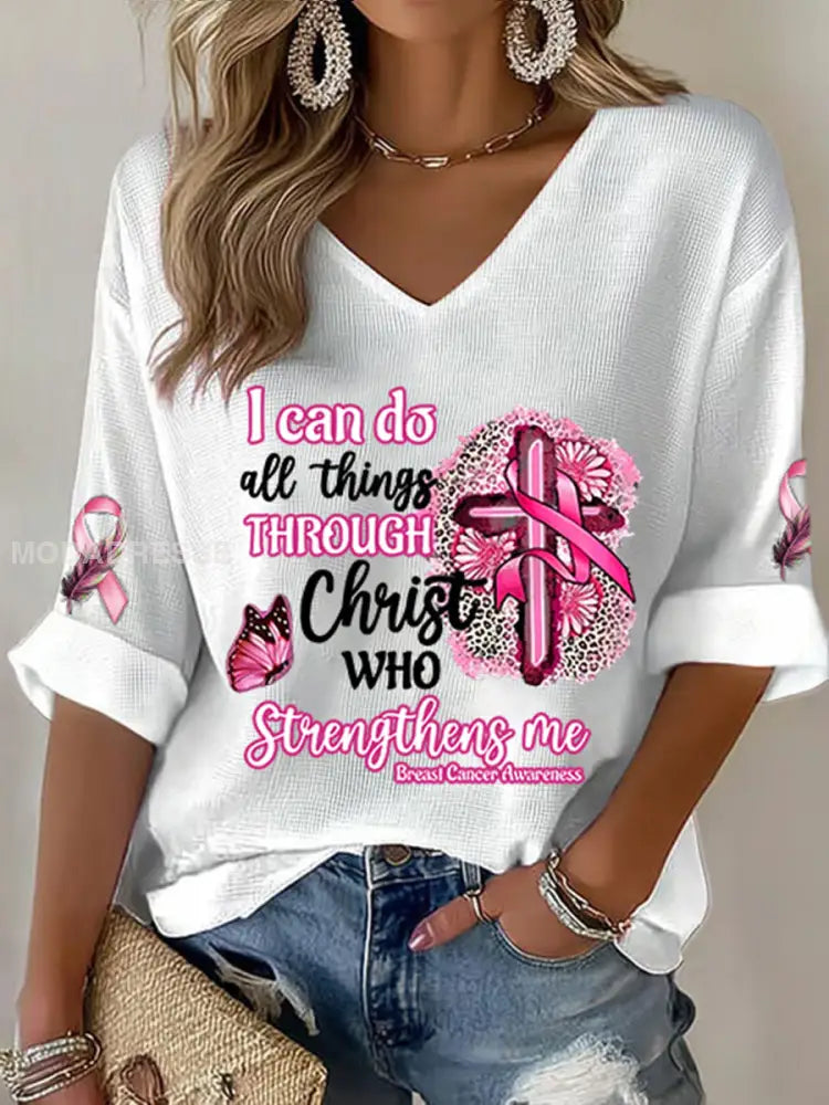 Kvinnors bröstcancer medvetenhet jag kan göra allt genom Kristus Pink Ribbon Waffle T shirt