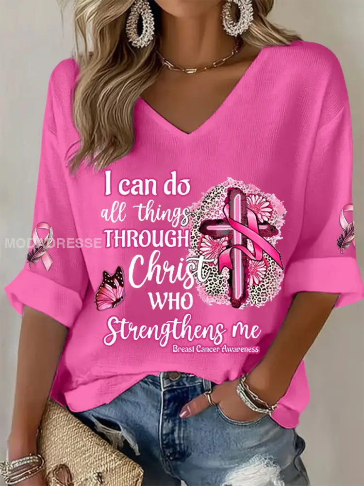 Kvinnors bröstcancer medvetenhet jag kan göra allt genom Kristus Pink Ribbon Waffle T shirt rosröd / S