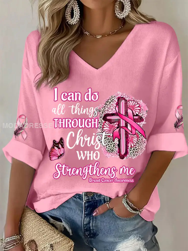 Kvinnors bröstcancer medvetenhet jag kan göra allt genom Kristus Pink Ribbon Waffle T shirt rost / S