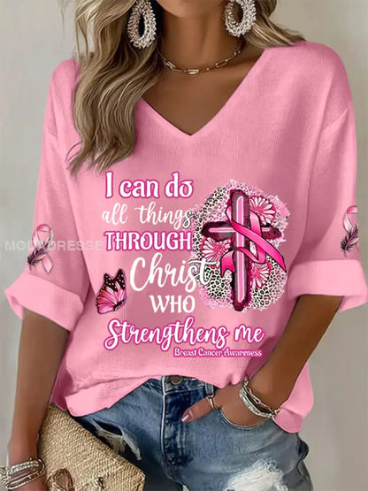 Kvinnors bröstcancer medvetenhet jag kan göra allt genom Kristus Pink Ribbon Waffle T shirt rost / S