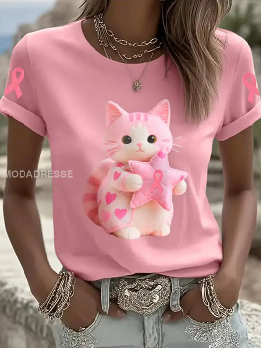 Kvinnors bröstcancer medvetenhet Katt med kortärmad T shirt runk / S