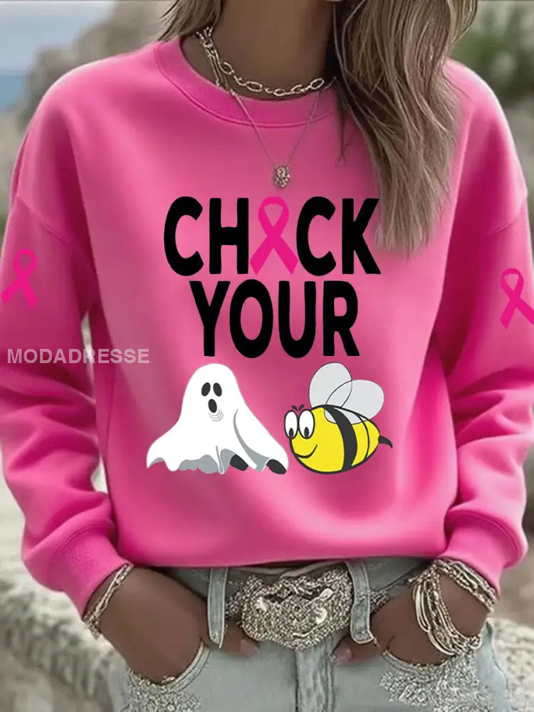 Kvinnors bröstcancer medvetenhet Kontrollera din Boo Bees Printed Casual Sweatshirt rosröd / S