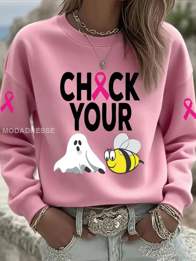 Kvinnors bröstcancer medvetenhet Kontrollera din Boo Bees Printed Casual Sweatshirt rost / S