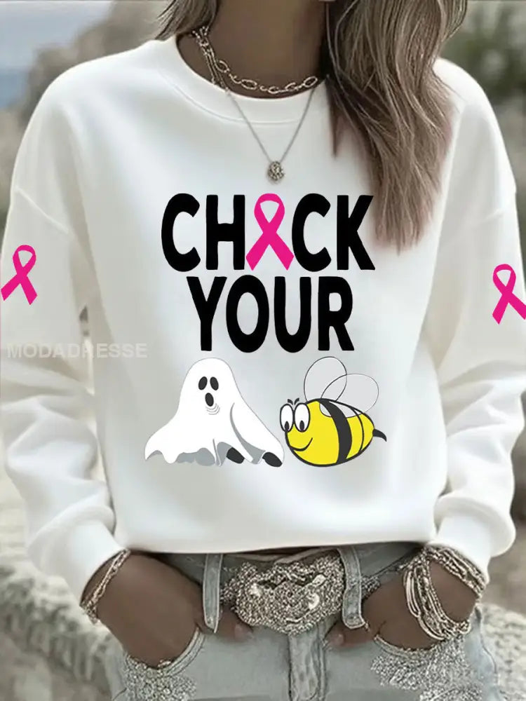 Kvinnors bröstcancer medvetenhet Kontrollera din Boo Bees Printed Casual Sweatshirt vit / S