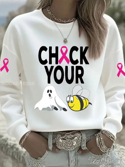 Kvinnors bröstcancer medvetenhet Kontrollera din Boo Bees Printed Casual Sweatshirt vit / S