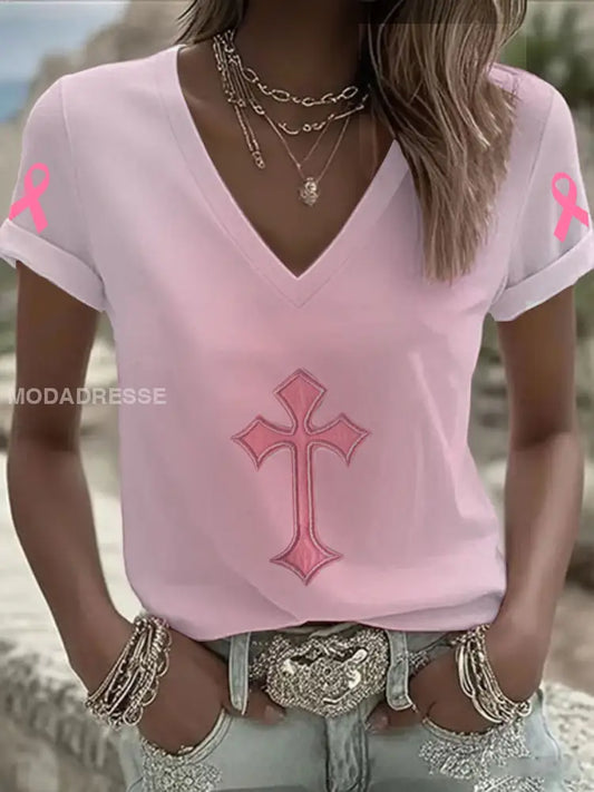 Kvinnors bröstcancer medvetenhet Kors T shirt runk / S