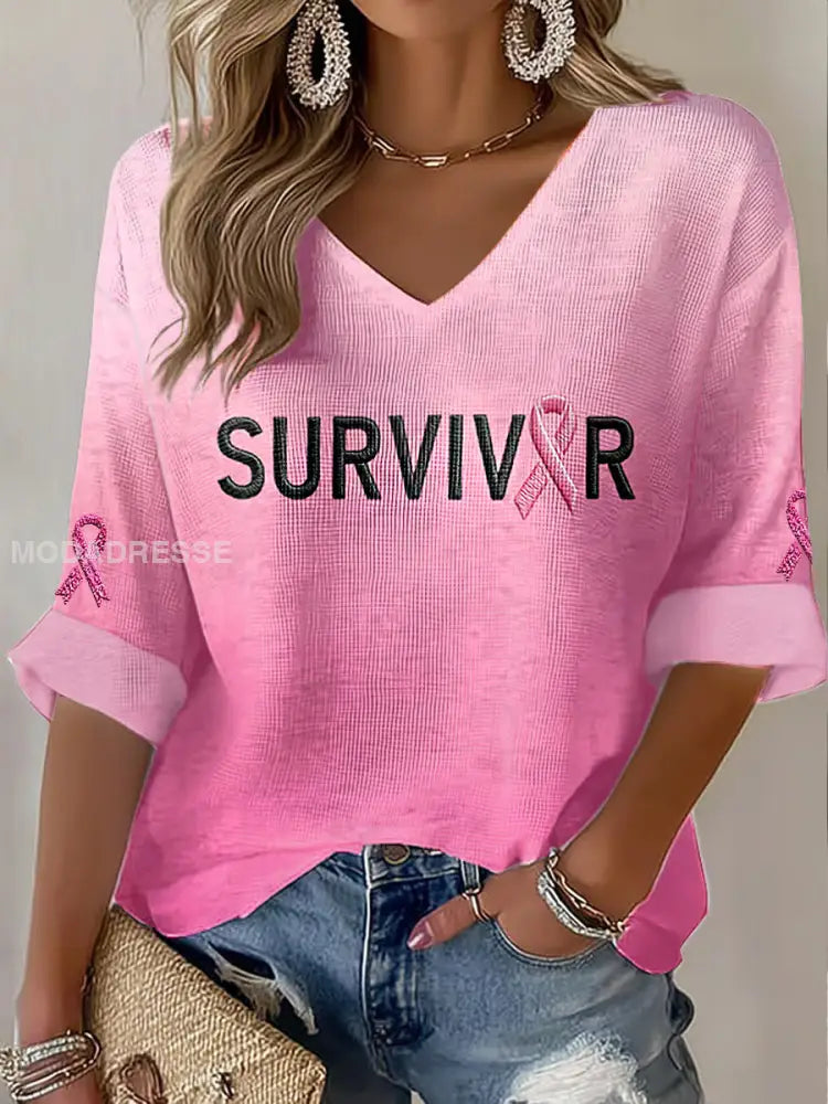 Kvinnors bröstcancer medvetenhet överlevande Skriv ut Våffle T shirt runk / S