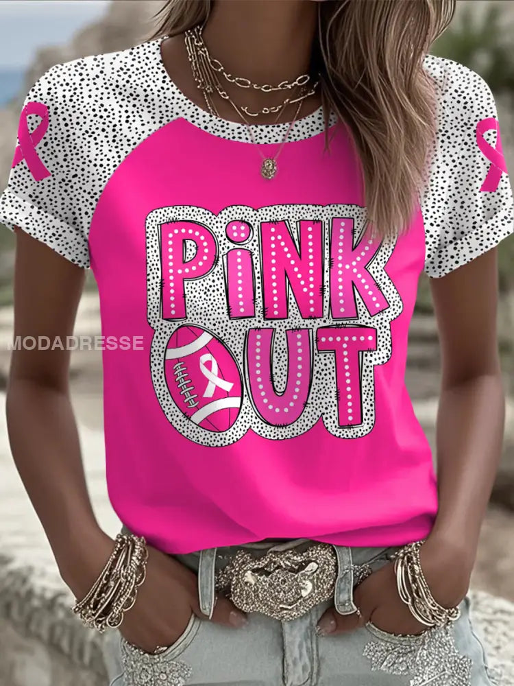 Kvinnors bröstcancer medvetenhet Pink Out Fotboll Tryckt T shirt rosröd / S