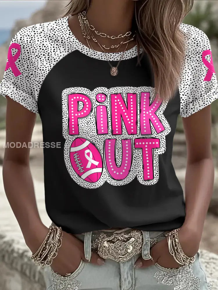 Kvinnors bröstcancer medvetenhet Pink Out Fotboll Tryckt T shirt svart / S