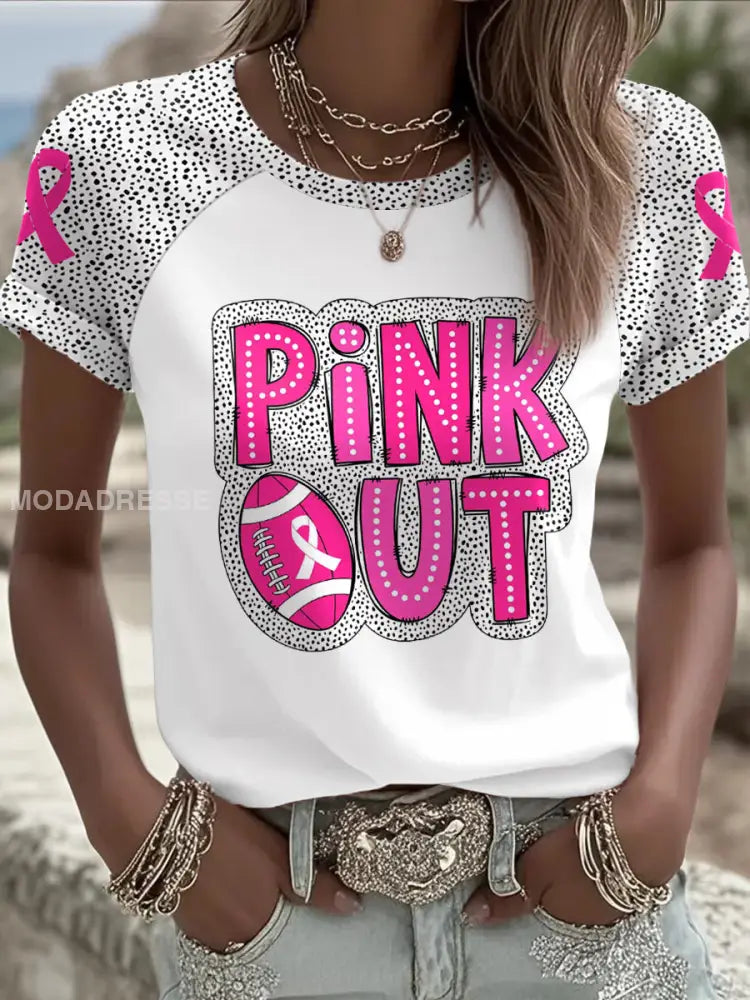Kvinnors bröstcancer medvetenhet Pink Out Fotboll Tryckt T shirt vit / S