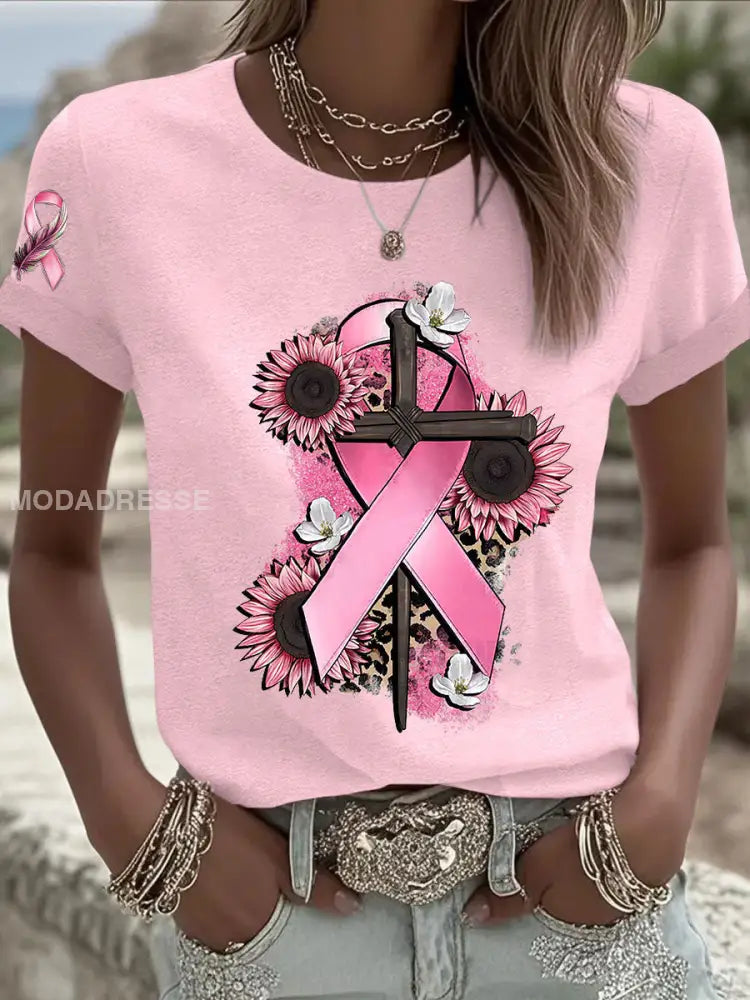 Kvinnors bröstcancer medvetenhet Pink Ribbon Kort ärm T shirt ljusrosa / S