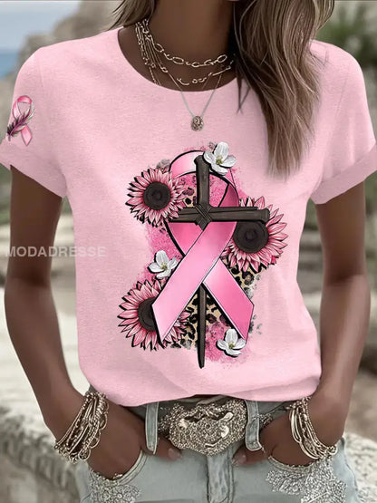 Kvinnors bröstcancer medvetenhet Pink Ribbon Kort ärm T shirt ljusrosa / S