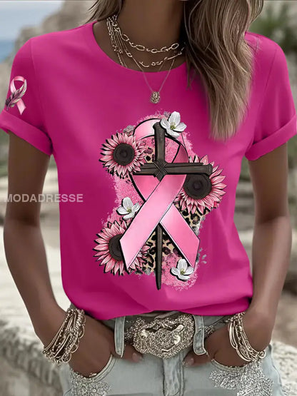 Kvinnors bröstcancer medvetenhet Pink Ribbon Kort ärm T shirt rosa röd / S