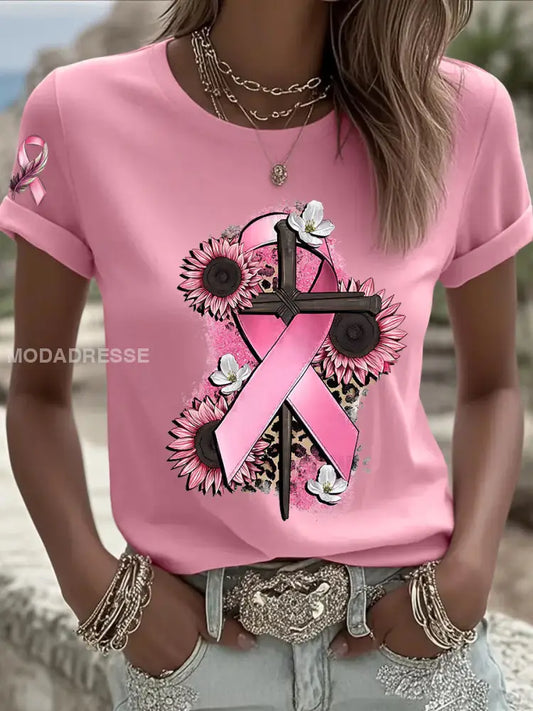 Kvinnors bröstcancer medvetenhet Pink Ribbon Kort ärm T shirt runt / S