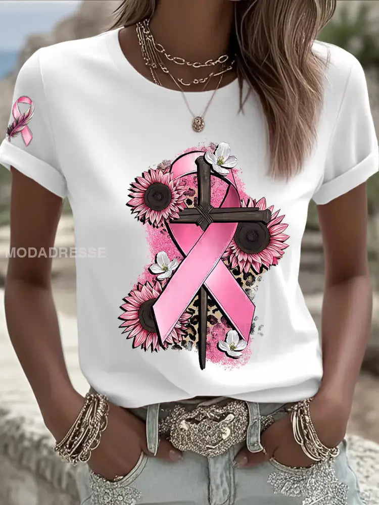 Kvinnors bröstcancer medvetenhet Pink Ribbon Kort ärm T shirt vit / S