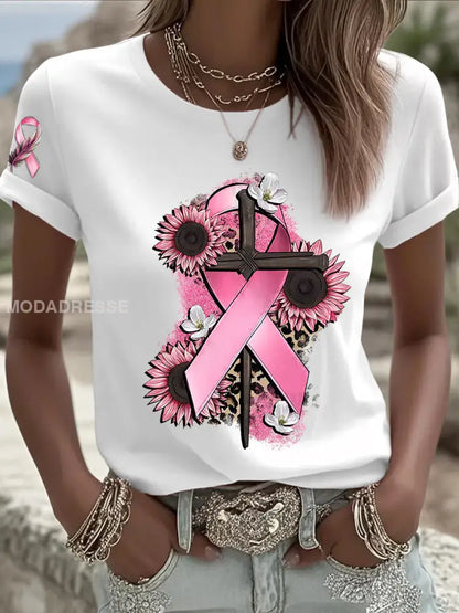 Kvinnors bröstcancer medvetenhet Pink Ribbon Kort ärm T shirt vit / S