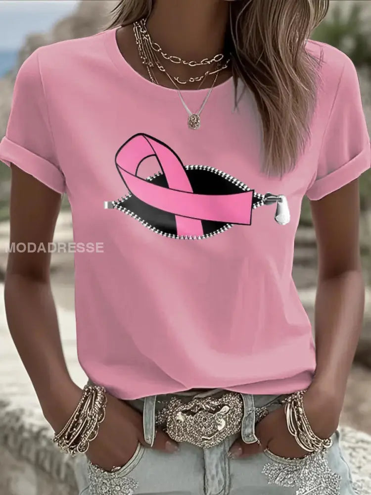 Kvinnors bröstcancer medvetenhet Pink Ribbon kortärmad T shirt rost / S