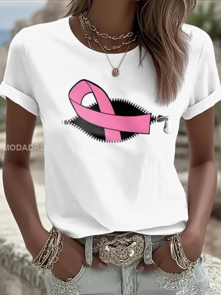 Kvinnors bröstcancer medvetenhet Pink Ribbon kortärmad T shirt vit / S