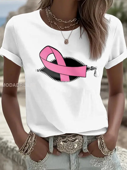 Kvinnors bröstcancer medvetenhet Pink Ribbon kortärmad T shirt vit / S