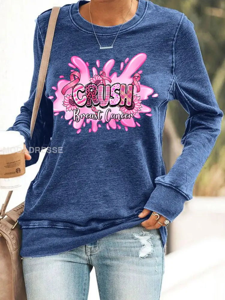 Kvinnors bröstcancer medvetenhet Pink Ribbon Print Casual Sweatshirt blå / S