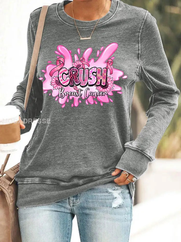 Kvinnors bröstcancer medvetenhet Pink Ribbon Print Casual Sweatshirt grå / S
