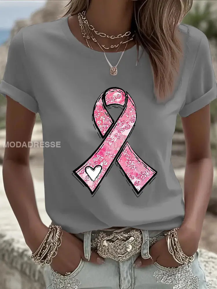 Kvinnors bröstcancer medvetenhet Pink Ribbon Print Casual Sweatshirt grå / S