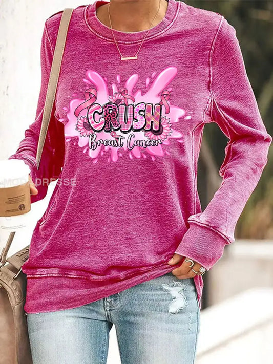 Kvinnors bröstcancer medvetenhet Pink Ribbon Print Casual Sweatshirt rosröd / S