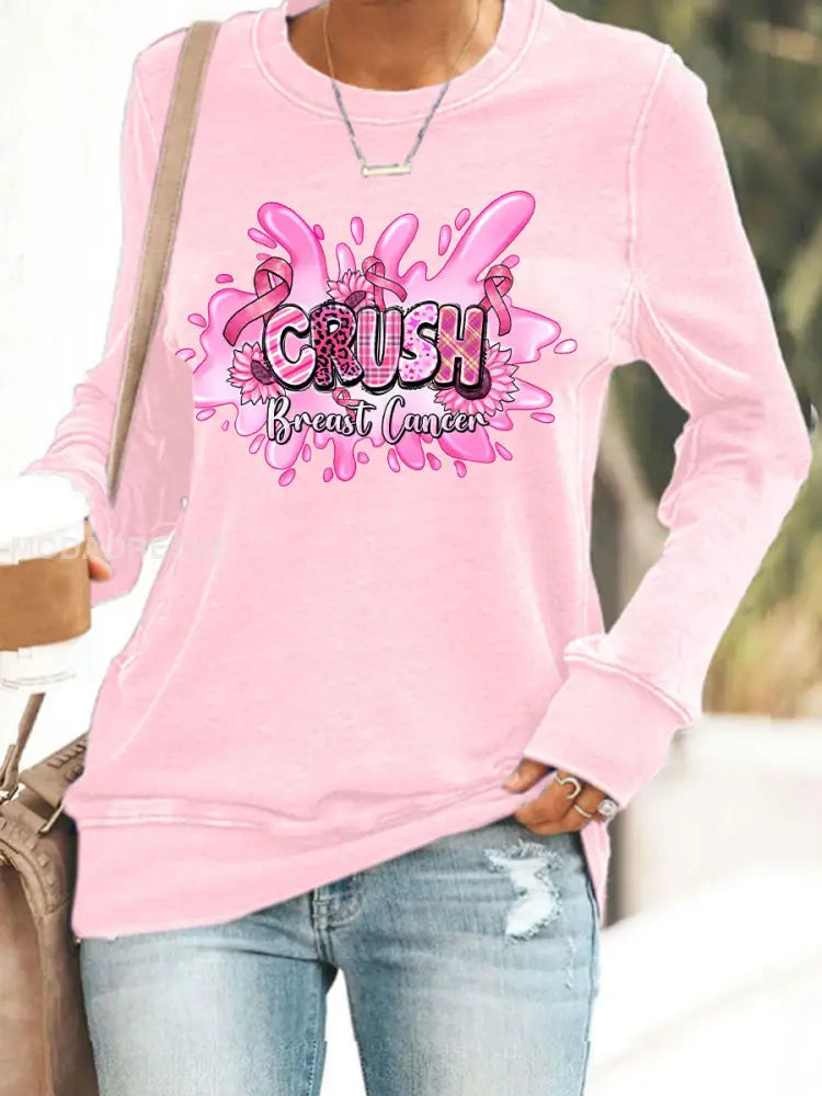 Kvinnors bröstcancer medvetenhet Pink Ribbon Print Casual Sweatshirt runt / S