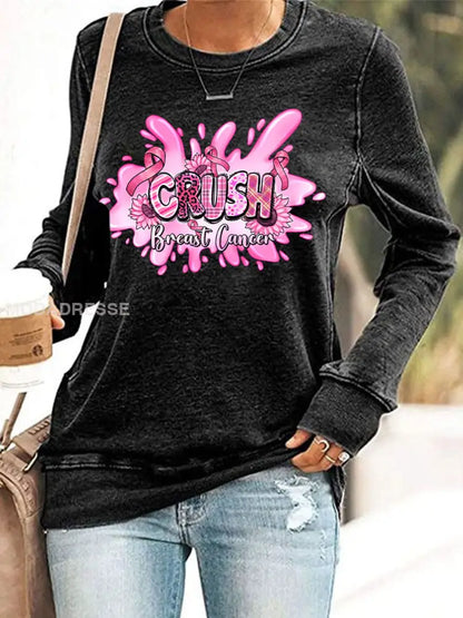 Kvinnors bröstcancer medvetenhet Pink Ribbon Print Casual Sweatshirt svart / S