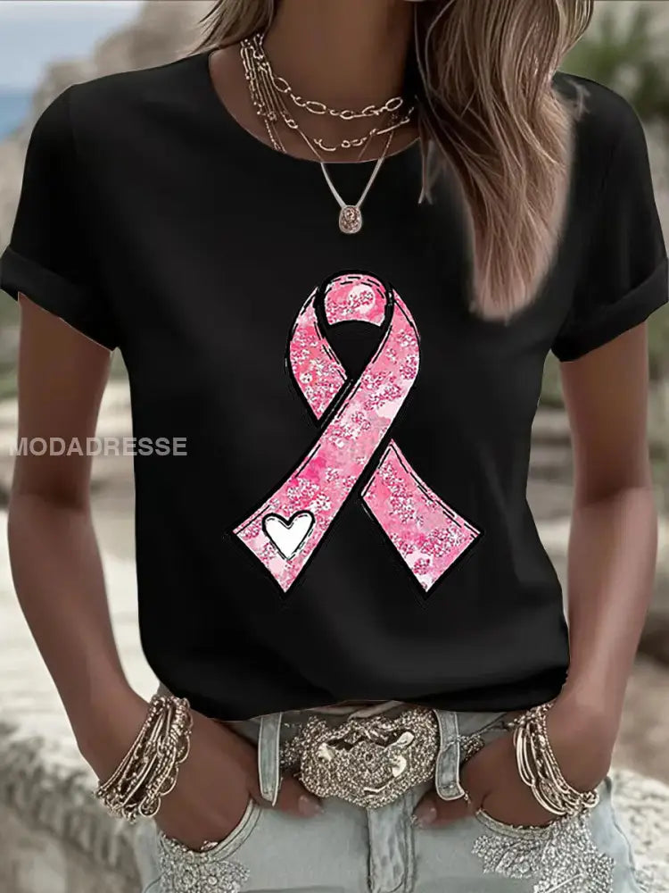 Kvinnors bröstcancer medvetenhet Pink Ribbon Print Casual Sweatshirt svart / S