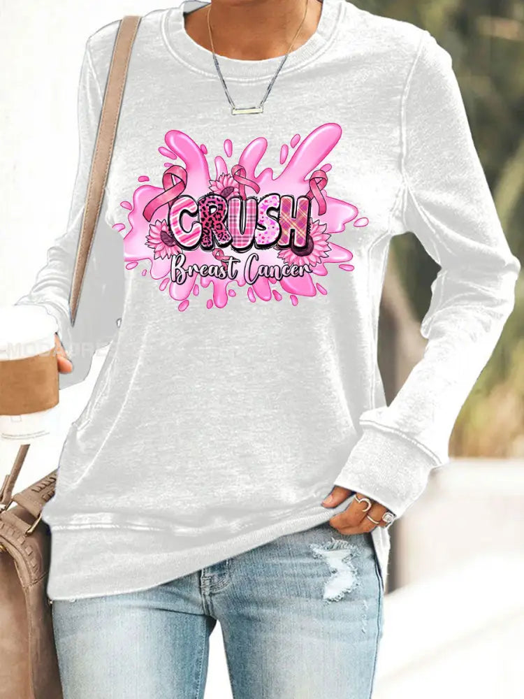Kvinnors bröstcancer medvetenhet Pink Ribbon Print Casual Sweatshirt vit / S