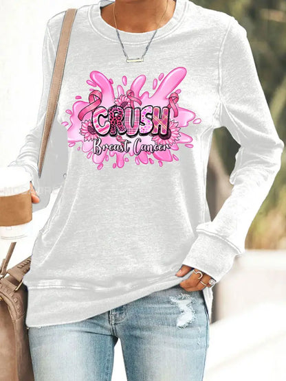 Kvinnors bröstcancer medvetenhet Pink Ribbon Print Casual Sweatshirt vit / S