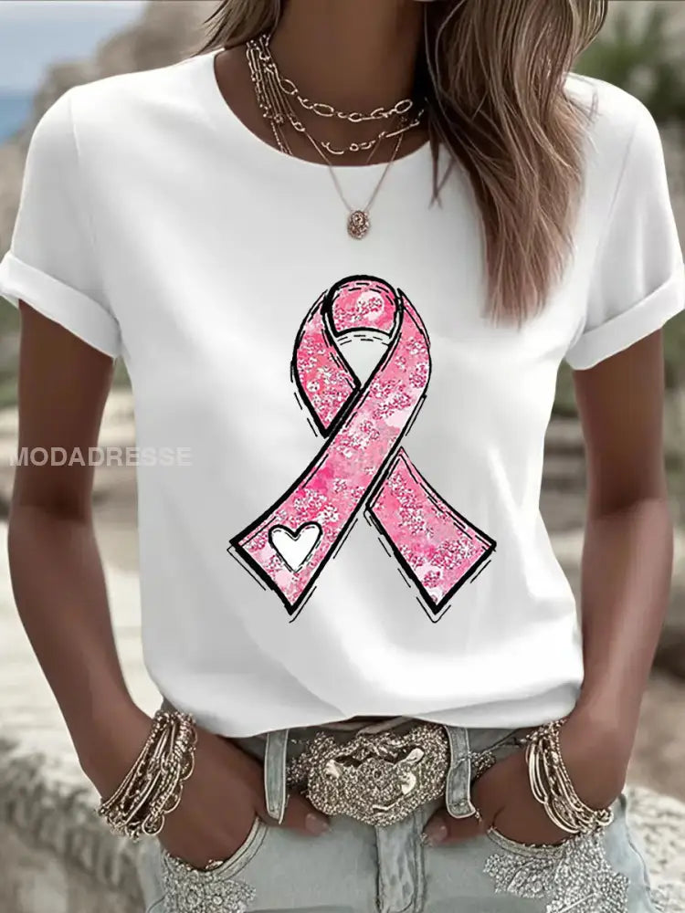 Kvinnors bröstcancer medvetenhet Pink Ribbon Print Casual Sweatshirt vit / S