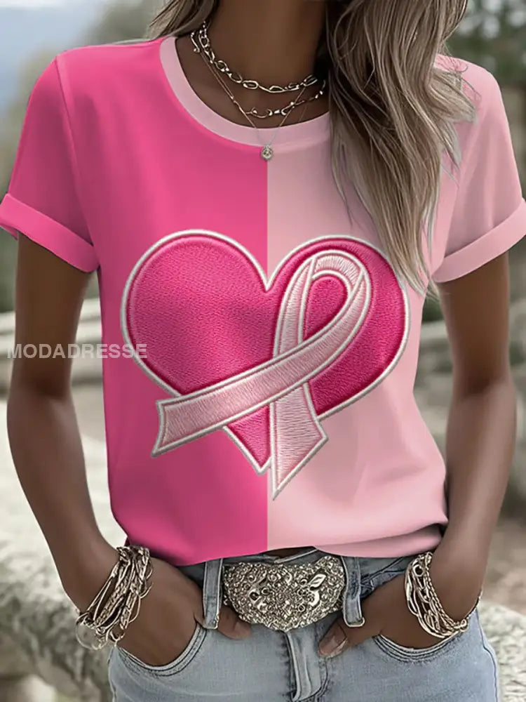 Kvinnors bröstcancer medvetenhet Pink Ribbon Print Casual T-shirt runk / S