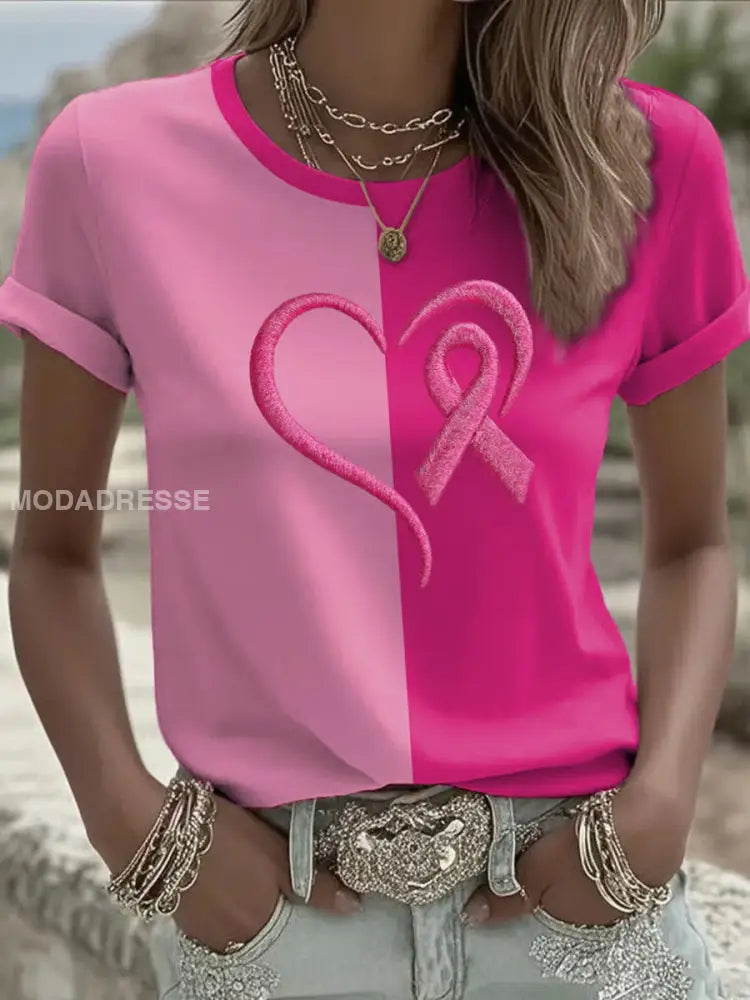 Kvinnors bröstcancer medvetenhet Pink Ribbon Print Casual T-shirt runk / S