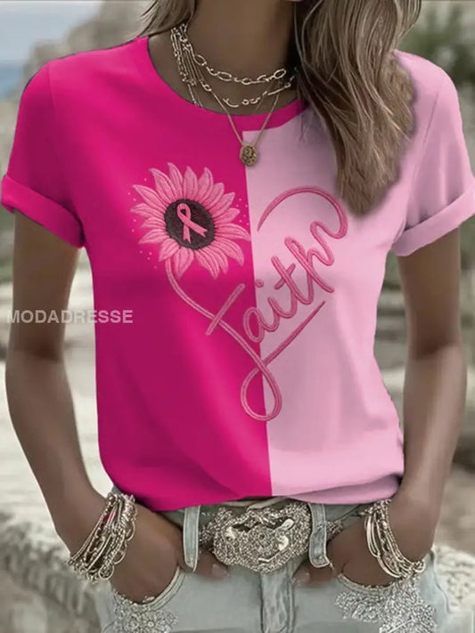 Kvinnors bröstcancer medvetenhet Pink Ribbon Print Casual T-shirt runk / S