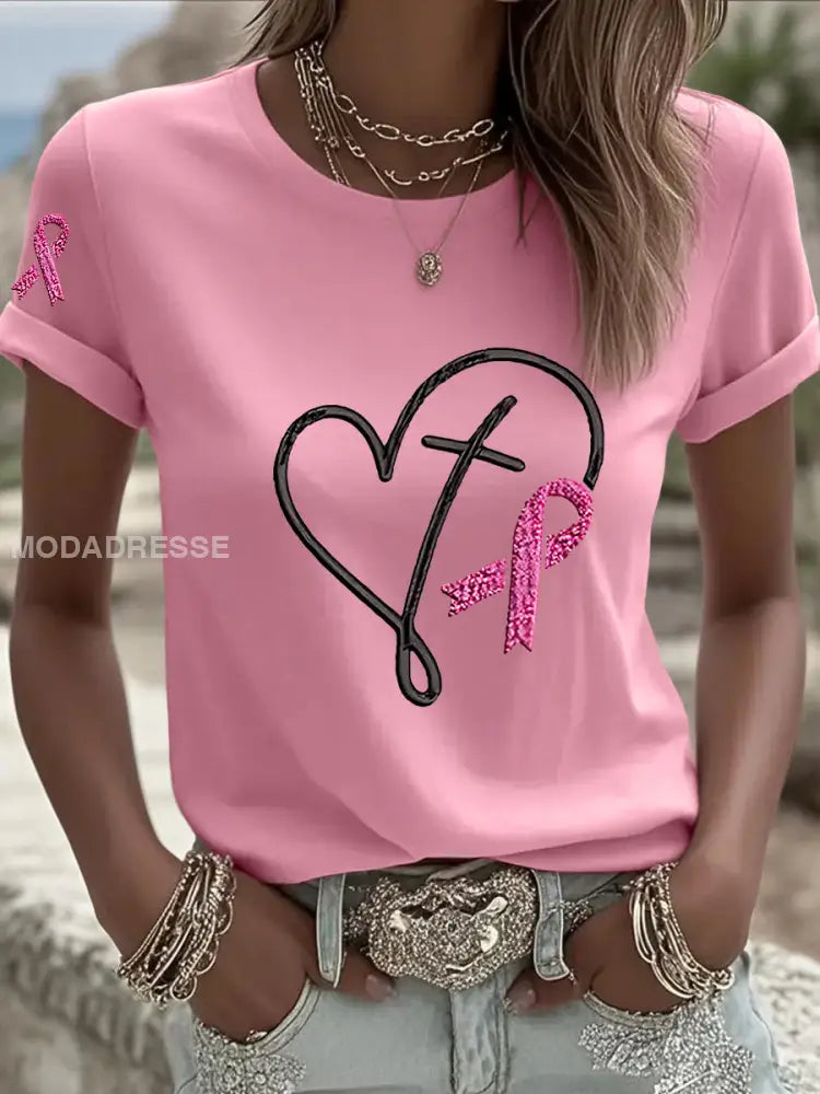 Kvinnors bröstcancer medvetenhet Pink Ribbon Print T shirta runt / S
