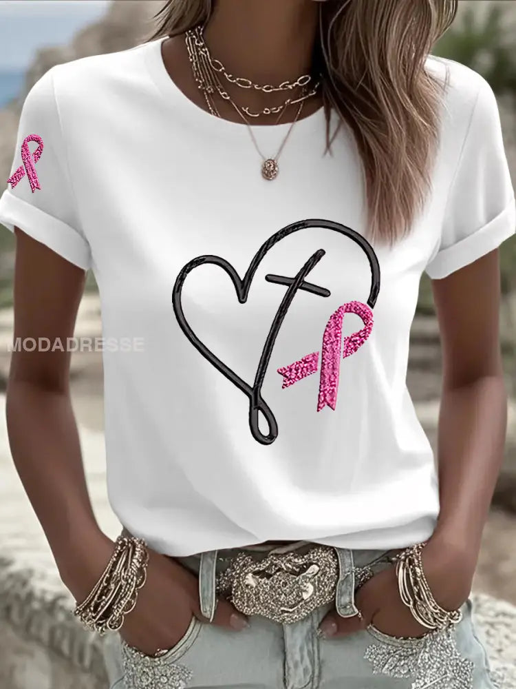 Kvinnors bröstcancer medvetenhet Pink Ribbon Print T shirta vitt / S